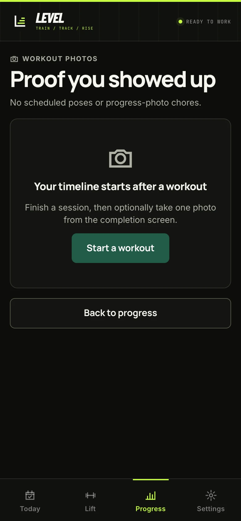 The real LEVEL private workout-photo timeline