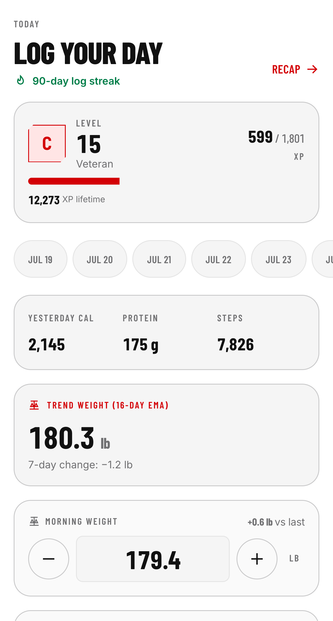 The LEVEL Today screen showing level 15, rank C, a 90-day log streak and a 180.3 lb trend weight.