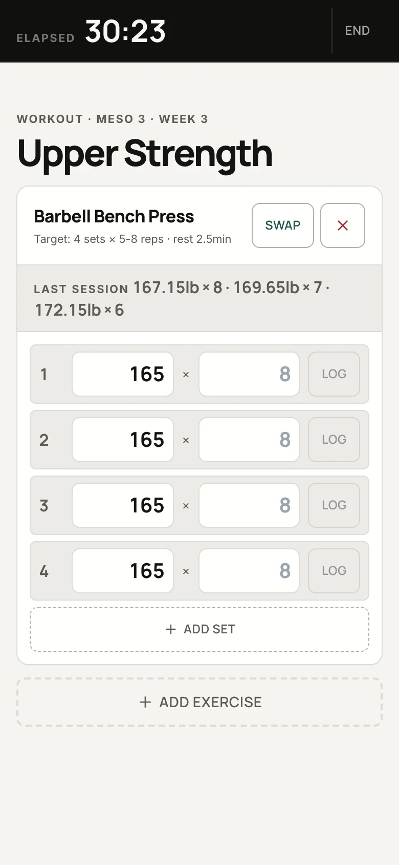The real LEVEL workout logger with previous sets, targets, weight, and reps